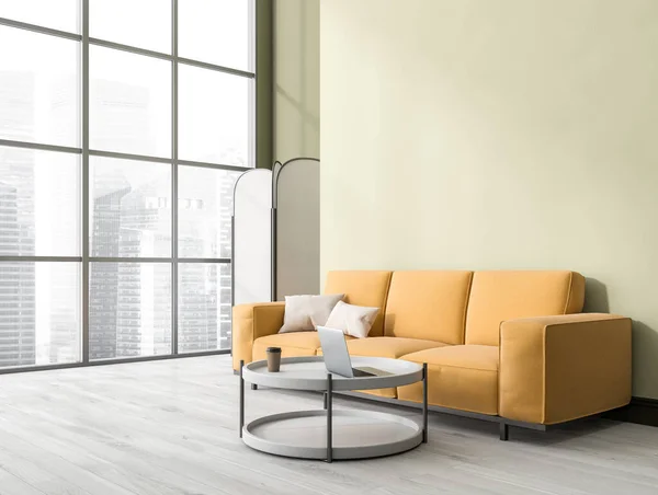 Stylish lounge interior with couch and coffee table with computer and coffee cup, parquet floor, panoramic window with Singapore city view. Copy space empty wall, 3D rendering