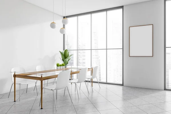 Bright kitchen room interior with empty white poster, panoramic window with city skyscraper view, dining table with chairs and concrete tile floor. Concept of minimalist design. Mock up. 3d rendering