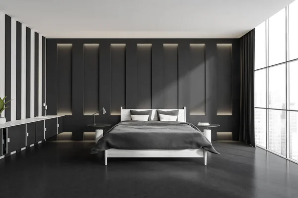 黒い寝室のインテリア リネンと枕のベッド フロントビュー 街の景色を望む窓 ランプ付きのナイトスタンドとのコモード 3Dレンダリング — ストック写真