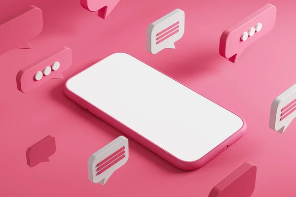 Telefoonweergave Heldere Meldingen Roze Spraakbel Scherm Met Kopieerruimte Bovenaanzicht Concept — Stockfoto