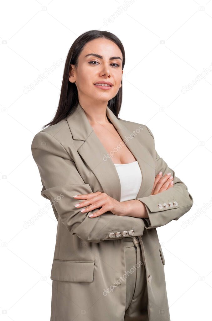 Businesswoman with confident look, dressed in beige suit. Looking at the camera, isolated over white background. Concept of staff in company