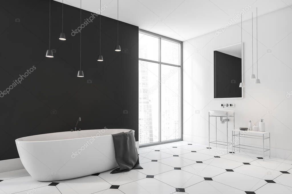Black and white bathroom interior, sink with mirror and accessories, tub with towel on tiled floor. Modern bathing room with lamps and panoramic windows with city view, 3D rendering