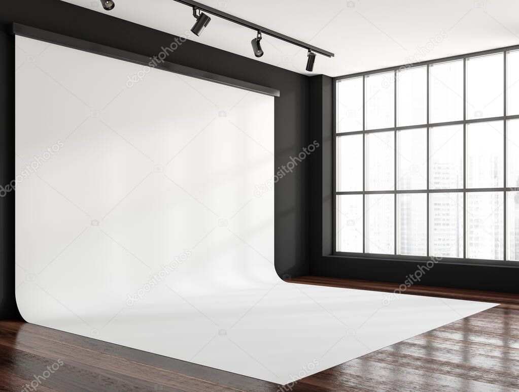 Film, video and photo studio interior with panoramic window on city view, large cyclorama and spotlights, side view, dark parquet floor. Copy space empty canvas, 3D rendering