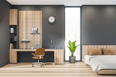 Gri ve ahşap yatak odası iç mekan ve panoramik pencereli ev ofisi, rahat yatak. Bilgisayar masanın üstünde. Modern hayat kavramı. 3d oluşturma.