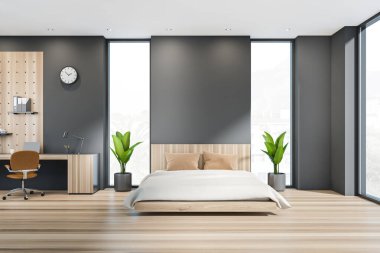 Gri boş duvar, modern yatak odası iç mekan ve panoramik pencereli ev ofisi, rahat yatak. Laptop masanın üstünde. Modern hayat kavramı. Fotokopi alanı. 3d oluşturma.