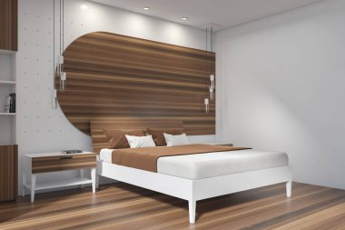 Beyaz boş duvar, modern yatak odası içi ve rahat yatak. Modern hayat kavramı. Fotokopi alanı. 3d oluşturma.