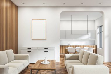 Parlak stüdyo içi boş beyaz poster, büfe, iki kanepe, sandalyeli yemek masası ve meşe ağacından ahşap zemin. Minimalist tasarım. Yaratıcı fikir için yer var. Model yap. 3d oluşturma