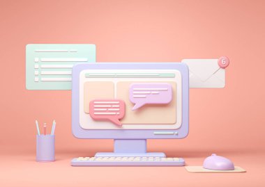Masaüstü açık işyeri, sohbet pencereleri. Çevrimiçi eğitim ve mesafe çalışması. E-öğrenme ve iletişim konsepti, 3D yorumlama.