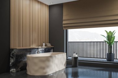 Kasaba manzaralı panoramik pencere, beton zemin, balkon. Sağlık için hijyenik ve spa prosedürleri kavramı. 3d oluşturma