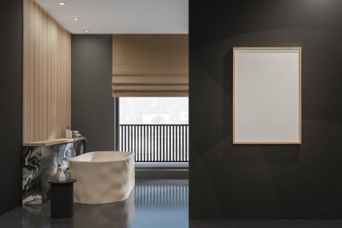 İçi boş beyaz afiş, küvet, panoramik pencere, beton zemin. Sağlık için hijyenik ve spa prosedürleri kavramı. 3d oluşturma