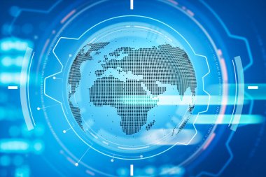 Sanal kürenin hologramıyla dijital arayüz, mavi arka planda çark ve teçhizat. Başarılı uluslararası ticaret kavramı. 3d oluşturma