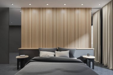 Yatak odasının içi karanlık, perdeli panoramik pencere, beyaz duvarlar, ahşap bölme, beton zemin, defterler ve başucu. Çağdaş daire tasarımı kavramı. 3d oluşturma