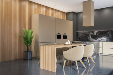 Koyu renk mutfak odasının iç tarafı çift fırın, dört koltuklu yemek masası ve beton zemin. Minimalist tasarım kavramı. Yaratıcı fikir için yer var. 3d oluşturma