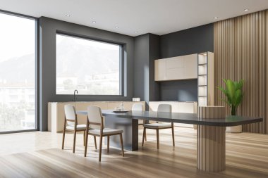 Parke zemininde sandalyeler ve masa olan modern yemek odaları, kırsal alanlı panoramik pencereler. Gri ve ahşap mutfak seti ve minimalist mobilyalar. 3B görüntüleme