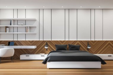 Siyah yatak çarşafları ve komodinleri olan ahşap bir otel odası koltuğu ve dizüstü bilgisayarı olan beyaz bir işyeri, kitaplarla dolu bir raf. Dairede uyku odası, 3 boyutlu görüntüleme.