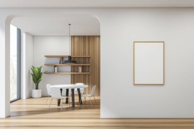 Oturma odasının içinde dört sandalye, kitaplarla dolu raf ve parke zeminde bitki, kırsal alanda pencere. Girişten önce çerçeve kopyalama boşluğunu düzenle, 3B oluşturma