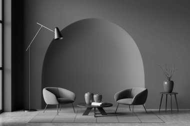 Villa oturma odasının iç dekorasyonundaki uzay modelleme duvarını, koyu gri duvardaki gri mobilyaları, beton döşemeleri, lambalı koltuğu kopyala. Rahatlama kavramı. 3d oluşturma