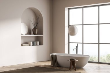 Seramik küvetli modern banyo. Beyaz duvarlar, ahşap döşemeler. Panoramik pencere. 3d oluşturma.