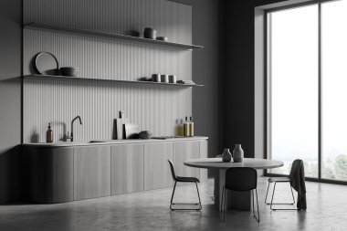 Modern yemek odası, 4 sandalyeli büyük bir masa. Şık bir mutfak. Beton döşeme. Açık alan. 3d oluşturma.