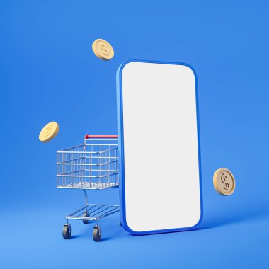 Beyaz akıllı telefon ekranının dev bir 3D modeli. Sepet ve uçan dolar sikkeleri dijital tüketim konsepti olarak, mavi arka plan. Çevrimiçi alışveriş, alım ve teslimat konsepti. 3d oluşturma