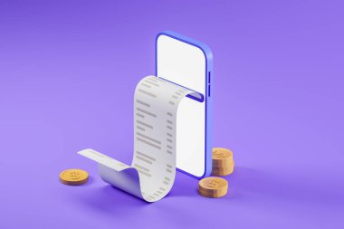 Büyük bir akıllı telefon modeli, beyaz ekran maketi, fatura basmak, telefonun etrafında dolar sikkeleri. Violet geçmişi. Dijital tüketim, çevrimiçi alışveriş ve ödeme işlemleri. 3d oluşturma
