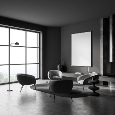 Villa oturma odasının iç tasarımı, gri mobilyalar, koyu duvarlar, beton döşeme, koltuk, şömine. Rahatlama kavramı. 3d oluşturma