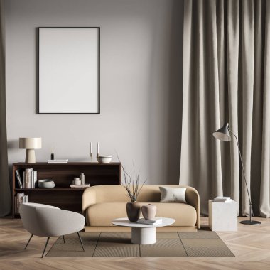 Oturma odasının içinde koltuk, koltuk, lamba ve parke zemin süslemeli kahve masası var. Çekmeceli minimalist misafir salonu. Perdelerle beyaz duvara bez çerçeve, 3 boyutlu görüntüleme