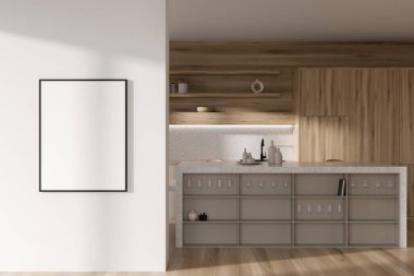 Raflar ve mutfak gereçleri, raflarda şarap kadehleri, lavabo ve dekorasyonla birlikte açık ahşap yemek odası. Parke zemin. Beyaz duvardaki çerçeve menüsü, 3B oluşturma