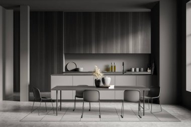 İçinde beş sandalye, halıda yemek masası, gri beton döşeme, lavabo ve mutfak malzemeleri olan karanlık bir mutfak. Minimalist mobilyaları olan yemek odası, 3 boyutlu.