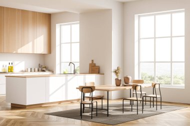 Açık mutfak içinde sandalyeler ve halıda yemek masası, parke zemin. Kırsal alanda panoramik pencere, güvertede lavabo ve mutfak gereçleri. Manzaralı yemek odası, 3 boyutlu görüntüleme.