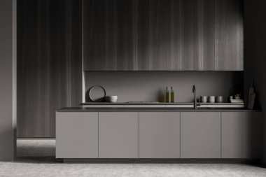 Masası ve lavabosu olan koyu yemek pişirme, güvertede tabaklar ve siyah ahşap raflar, gri beton zemin. Minimalist mobilyalı lüks mutfak, 3 boyutlu görüntüleme