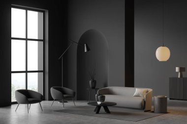 Modern villa oturma odası tasarımı, gri mobilyalar, karanlık duvarlar, beton döşeme, kanepe, lambalı koltuk. Rahatlama kavramı. 3d oluşturma