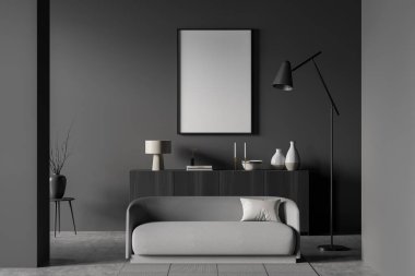 Oturma odasının iç dekorasyonu, gri mobilyalar, koyu duvarlar, beton döşeme, lambalı kanepe. Rahatlama kavramı. 3d oluşturma