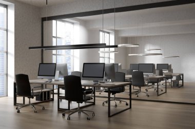 Beyaz, parlak ofis odası, iş yerleri, panoramik pencereler finans merkezi manzaralı, parke döşemeli, masaüstü bilgisayarlı. İş birliği kavramı. 3d oluşturma