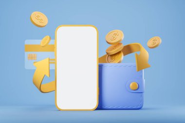 Boş ekranlı akıllı telefon, dijital cüzdan ve kredi kartı. Mobil uygulamalar, altın oklar ve madeni paralar. Nakit ve bankacılık. Boş ekran kopyalama alanı, 3B oluşturma