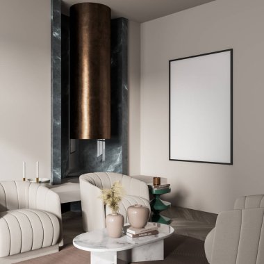 Villa oturma odasının iç tasarımı, bej mobilyalar, beyaz duvarlar, ahşap döşeme, koltuk, şömine. Rahatlama kavramı. 3d oluşturma