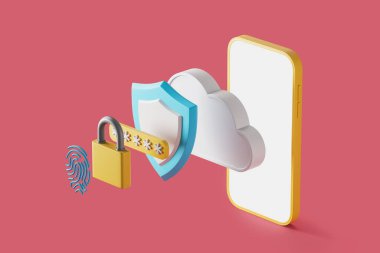 Akıllı telefon, parmak izi, sarı asma kilit, kimlik doğrulama, koruma kalkanı ve bulut içindeki veri deposuna erişimi ekrana aktar. Kırmızı arka plan. Güvenlik siber güvenliği, veri koruması. 3B görüntüleme