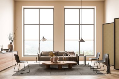 Parlak bekleme odası kanepe, üç sandalye kırsal manzaralı panoramik pencere, meşe ağacından ahşap döşeme, sehpa, bölme. Buluşma ve dinlenme yeri. 3d oluşturma