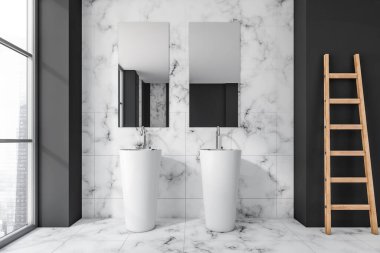 Modern banyo içinde iki beyaz seramik lavabo var. Mermer döşeme. Panoramik pencere. Merdiven. İnsan yok. 3d oluşturma.