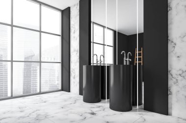 Modern banyo içinde iki siyah seramik lavabo var. Mermer döşeme. Panoramik pencere. İnsan yok. 3d oluşturma.