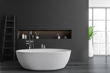 Beyaz seramik küvetli modern banyo. Koyu gri duvarlar ve ahşap döşemeler. Panoramik pencere. Merdiven. İnsan yok. 3d oluşturma.