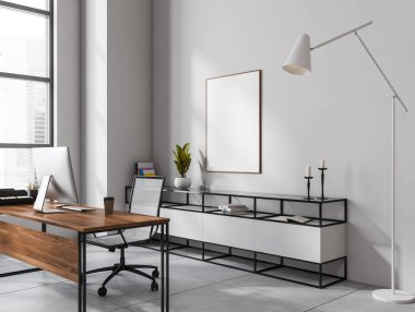 Parlak ofis odası içi boş beyaz poster, panoramik pencere şehir gökdelen manzaralı, beton döşemeli masa ve masaüstü. Yönetici iş yeri kavramı. Model yap. 3d oluşturma