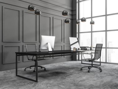 Koyu gri, modern ve lüks ofis odasının iç mekanı, iki masa üstü, panoramik pencere, finansal şehir manzarası, beton zemin. İş birliği kavramı. 3d oluşturma