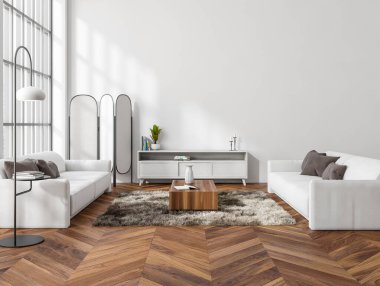 Parlak oturma odasının içi boş beyaz duvar, panoramik pencere, kanepe, sehpa ve meşe ağacından ahşap zemin. Minimalist tasarım. Yaratıcı fikir için yer var. 3d oluşturma