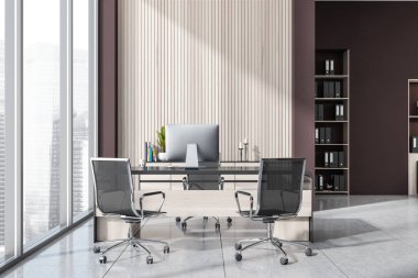 Kırmızı kahverengi duvar, ahşap paneller, genel müdürlü iç mekan, klasörlü bir kitaplık. Döşeme döşemesi. Modern ofis tasarımı kavramı. 3d oluşturma