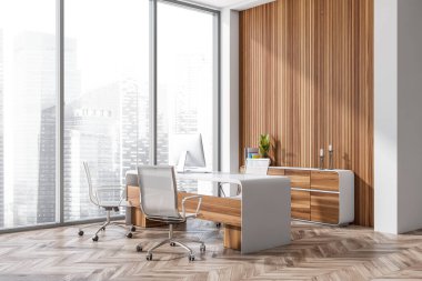 Beyaz duvar ve ahşap paneller, panoramik ofis içi CEO 'ların çalıştığı yer, arkasında bir dolap. Kemik, ahşap zemin sesi. Modern ofis tasarımı kavramı. 3d oluşturma