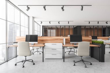 Masaüstü, masa, koltuk, panoramik pencereli Singapur şehri gökdelenleri beton zemin, cam bölmeli parlak ofis odası. Çalışma ve iş birliği için uygun bir yer. 3d oluşturma