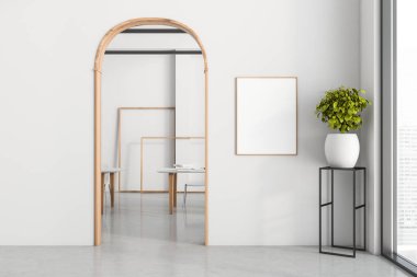 Şehir merkezindeki modern sanat galerisi ofis içi. Resim çerçeveleri, posterler, vinil döşeme üzerinde duran tuvaller. Beyaz duvarda bir poster. Model konsepti. 3d oluşturma.