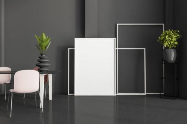 Modern sanat galerisi ofis içi. Resim çerçeveleri, posterler, vinil döşeme üzerinde duran tuvaller. Model konsepti. 3d oluşturma.