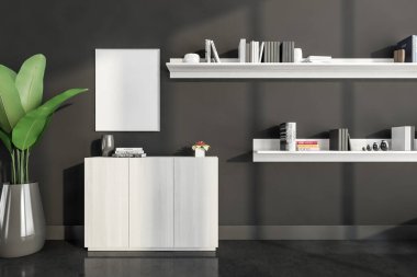 Koyu gri ofis ya da içinde dolap olan oturma odası, duvarda beyaz bir poster, beton zemin, yeşil bitkilerle dolu raflar. 3d oluşturma